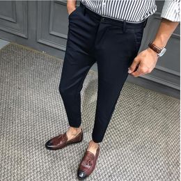2019 Summer Man Slim Pants male smart Casual Trousers Plaid Thin Summer New Fashion Men Business Suit Pant Black Navy Blue1928