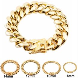 316L Stainless Steel Bracelets 18K Gold Plated High Polished Miami Cuba Link Men Punk Curb Chain Bracelet 8mm 10mm 12mm 14mm 16mm 230C