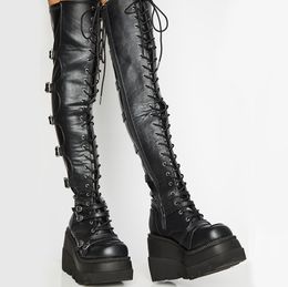 Thigh High Boots Women Platform Wedges Motorcycle Boot Over The Knee Army Stripper Heels Punk Lace-up Belt Buckle Long For girls Party Shoes