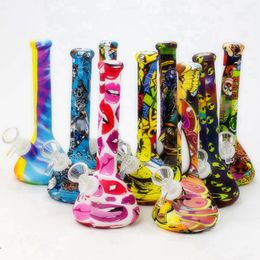 Colourful Pattern Silicone Hookah Style Glass Pipes Kit With Handle Bowl Dry Herb Tobacco Philtre Waterpipe Shisha Smoking Cigarette Oil Rigs Bong Holder Handpipes