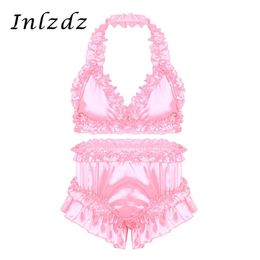 Mens Sissy Crossdresser Lingerie Suit Satin Frilly Ruffled Lingerie Set Bra Tops with Knickers Bloomers Briefs Gay Underwear Set3013