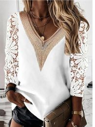 Women's Blouses Shirts Women's Blouse Fall Elegant Lace Stitching V-neck Long Sleeve Top Spring Hollow Out Vintage White Shirt Casual Loose Shirt Women 230908