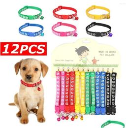 Dog Collars Leashes Adjustable 12Pcs/Set Pet Collar With Bell Lovely Small Footprint Flower Strap Nylon Fabric Puppy Teddy Cat Kit Dh4Vm