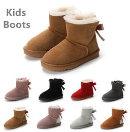 Kinderstiefel über dem Knie, klassische Mini-Schneestiefel für Kinder, Winter, Schleife, volles Fell, flauschig, pelzig, Satin, Knöchel, Vorschule, Kleinkind, Mädchen, Jungen, Tod