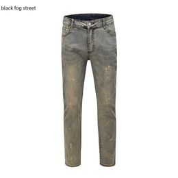 Men's Jeans Black Street K77# Vintage Painted Stretch Cotton Denim Biker Slim Fit Pleated Pants For Motorcycle2428