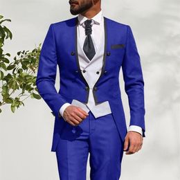 Men's Suits & Blazers Style Men Royal Blue And White Groom Tuxedos Round Lapel Groomsmen 3 Pieces Set Jacket Pants Vest T280y