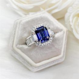 Luxury Jewelry Wedding Rings 925 Sterling Silver Princess Cut Blue Sapphire CZ Diamond Moissanite Party Women Engagement Bridal Ri245r