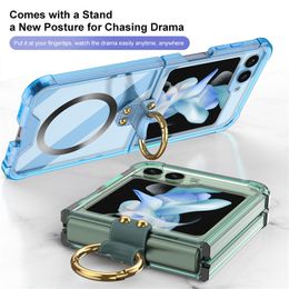 Luxury Shockproof Clear Vogue Phone Case for Samsung Galaxy Z Folding Flip5 5G Durable Finger Holder Transparent Kickstand Fold Shell Supporting Wireless Charging