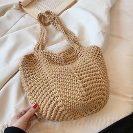 Evening Bags Solid Color Knitted Shoulder Bag for Women 2023 Korean Fashion Vintage Cotton Cloth Girls Tote Big Handbag Crochet 230908