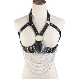 Camisoles & Tanks Punk Cupless Bra Top Leather Harness Belt Body Bondage Chest Straps Black Studded Rivet Cropped Top177C