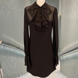 2023 Summer Black Solid Color Dress Long Sleeve Round Neck Lace Buttons Knee-Length Casual Dresses S3S01M087