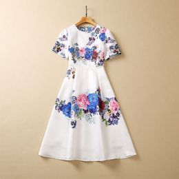 2023 White Floral Print Beaded Dress Short Sleeve Round Neck Sequins Midi Casual Dresses S3A050330