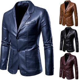 Retro Solid Colour Mens Leather Suit Blazer Jacket Men Casual Business Wedding Long Sleeve Coat268e