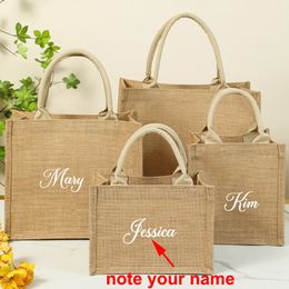 Shopping Bags Custom Name Jute Shopping Bag Women Handbag With Handle Waterproof Large Capacity Sundries Storage Bag Personalised Gift Bags 230908