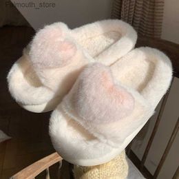 Slippers Slippers Heart Love Fluffy Fur Slippers Women Warm Open Toe Plush Memory Foam Slide Slippers Home Winter Indoor Shoes 230203 Q230909