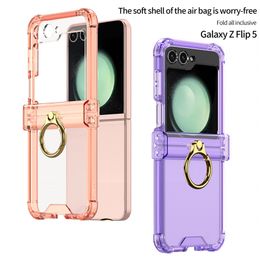Shockproof Hinged Covered Clear Phone Case for Samsung Galaxy Z Folding Flip4 Flip3 Flip5 5G Durable Sturdy Full Protective Transparent Fold Shell with Ring Holder