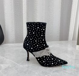 Rhinestones Ankle Boots Pointed toe Stiletto heels women's luxury designer Leather soleDress Evening shoes factory footwear