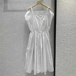 2023 Summer White Solid Color Dress Sleeveless Square Neck Buttons Knee-Length Casual Dresses S3S01M101