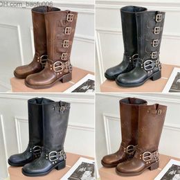 Boots Luxury Designer Boots Harness Belt Buckled cowhide leather Biker Knee Boots chunky heel zip Knight boots Fashion square toe Ankle Booties Western Q230909