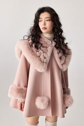 Women' Blends 2023 Stylish Ladies Large real fur collar poncho coats outerwear Plus size Woollen 230908