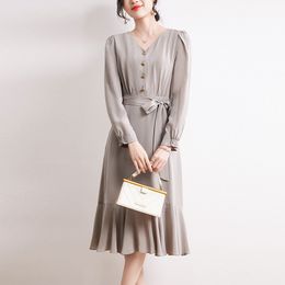 Long Sleeve Dress Silk 100 Mulberry Silk Womens Clothing Autumn Small Temperament V-neck Original Waist-Tight Flounced Skirt