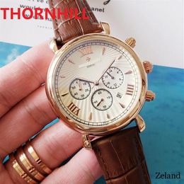 All Dials Work Brand Mens 42mm Watches Clock Genuine Leather Stainless Steel Wristwatch Fashion Quartz Waterproof Calendar Men Wat296j