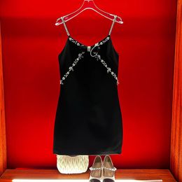 2023 Summer Black Solid Colour Ribbon Tie Bowknot Dress Sleeveless Square Neck RhinestoneKnee-Length Casual Dresses S3S01M079