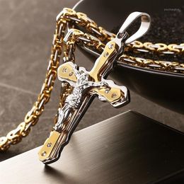 Chains Jewelry Men's Byzantine Gold And Silver Stainless Steel Christ Jesus Cross Pendant Necklace Chain Fashion Cool217Z