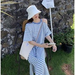 Summer INS Korean Striped Pure Cotton Dress Women's Cover Up Long Short Sleeves Over Knee Loose Large T-shirt Skirt