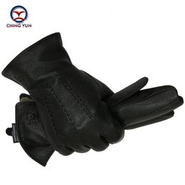 Five Fingers Gloves Winter men deer skin leather gloves male warm soft black sewing design mittens imitate rabbit hair 70 wool lining 07 230909