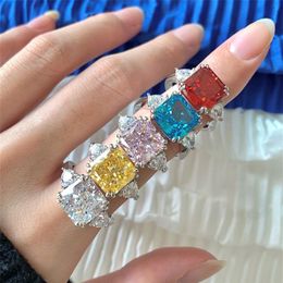 Top Quality 925 sterling silver luxurious jewelry rings 8A ice flowers zirconia designer ring for woman square Pink Blue White Dia247q