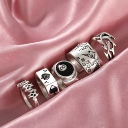 Solitaire Ring Punk Vintage Silver Color Poker Billiards Set for Women Gothic Heart Anillos Hip Hop Y2k Korean Fashion Male Gift Jewelry 230908