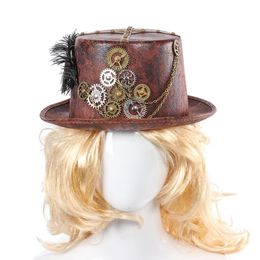 Steampunk Retro Hats Carnival Cosplay Bowler Gear Chain Feather Decor Party Caps Halloween Brown Round Top Hats For Men Women T200224e