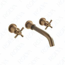 Vintage Castle Antique Brass Bathroom Faucet Dual Cross Handles Wall Mounting Solid Copper Old Style Basin Faucet Tap Set253H