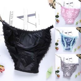 Women's Panties Woman Sexy Silk Seamless Satin Briefs Underpants Lady's Lace Edge Knickers Underwear Solid Color 2021305w