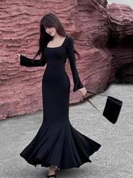 Casual Dresses Autumn Fashion Maxi Dress Women Long Sleeves Square Collar Spring Korean Style Slim Fit Mermaid Elegant Basic Thin Vestidos