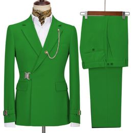 Men's Suits Blazers Green Belt Design Double Breasted Mens Suits 2 Pieces Coat Pant Latest Design Wedding Suits Groom Prom Tuxedos Blazer Set 230908