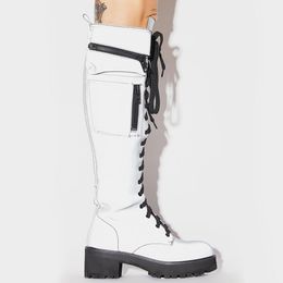 High Quality Female Motorcycle Boots Square Heel Lace-Up Narrow Band Winter Cool Street Women Knee High Boots For girls Party Shoes