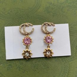 Luxury Designer Long Dangle Chandelier Earrings Girls Pink Diamond flower shape Drop Earrings264J