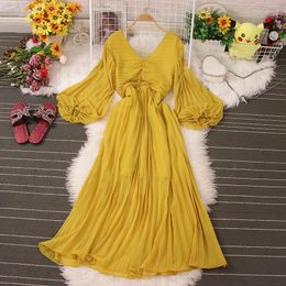 Casual Dresses Chic Dress For Women V-neck Solid Lantern Sleeve Autumn Vestido Female Pleated A-line Korean Style Folds Drop