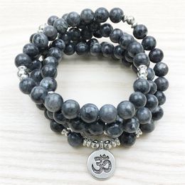 SN1146 Top Design Labradorite Wrap Bracelet Men's 108 Mala Yoga Bracelet or Necklace Silver Lotus Ohm Buddha Bracelet223o