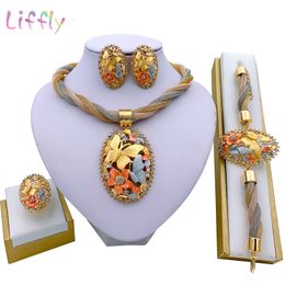 Wedding Jewelry Sets African Necklace Dubai Gold Plated Set for Women Bridal Travel Party Bracelet Earrings Ring Pendant Accessories 230909