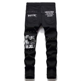 Men's Jeans Rivet Punk Denim Pants Skull Patchwork Streetwear Hip Hop Men Harajuku Plaid Fashion Slim Black Trousers 230909