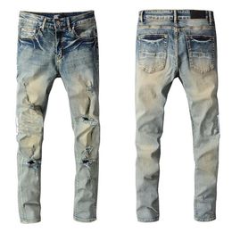 Man Skinny Fits Jeans Denim with Letters Blue Knee Ripped with Holes Slim for Guys Mens Biker Moto Straight Leg Fashion Distress H212R