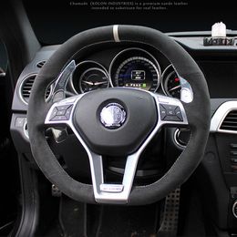 For Benz C63 AMG CLA45 CLS63 amg ML63 GLE63 Hand-stitched Anti-Slip Black Suede DIY Steering Wheel Cover234z255H