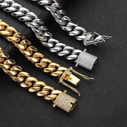 Mens 18K Gold Tone Tennis Stainless Steel Cuban Link bracelet Curb Cuban Link Chain with Diamonds Clasp Lock width 6mm 8mm 10mm le237F