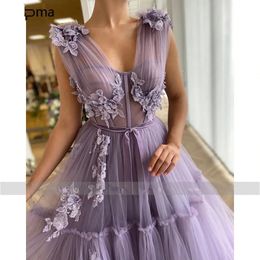 Princess V Neck Prom Dresses 3D Floral Applique Zipper Back Long Formal Purple Evening Party Gowns Custom Made 328 328