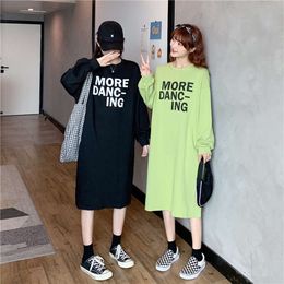 Autumn Korean Edition Loose Fit Size Women's Letter Printed Sweatshirt Medium Length Over Knee Casual Dress