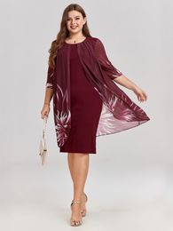 Plus size Dresses Size Dress for Women Elegant Burgundy Mesh Printed Irregular Slim 2023 Summer Casual Evening Party 2XL 3XL 4XL 230908
