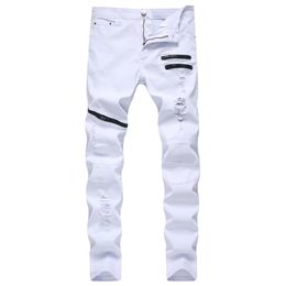 Men's Jeans US Size Slim Fit Biker Men Multi Zipper Elastic Cotton Denim Red Black White 28-42259r